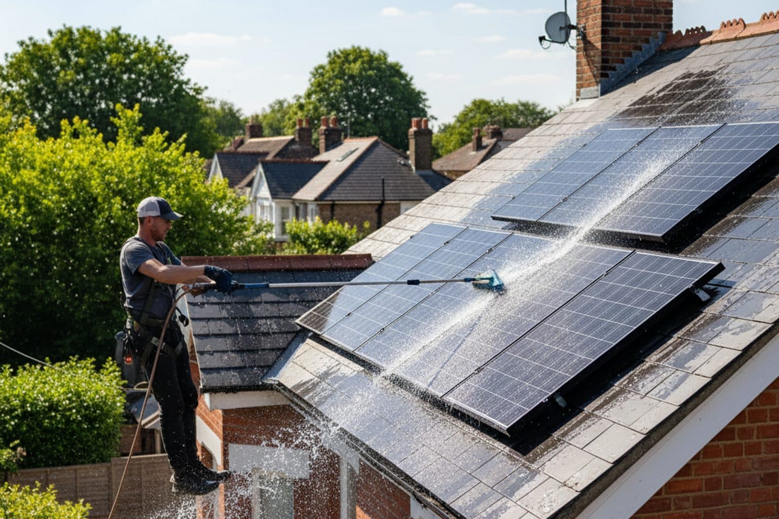 Water-fed pole cleaning solar panels from the ground