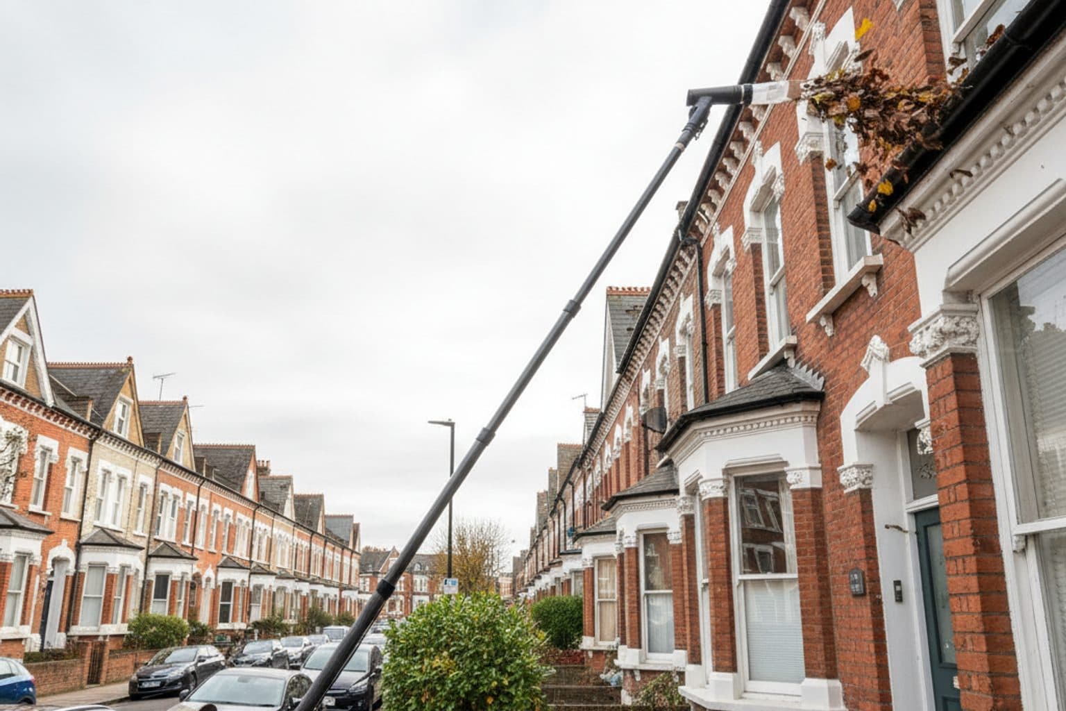 Gutter vacuum clearing leaves from a Victorian terrace gutter in South London