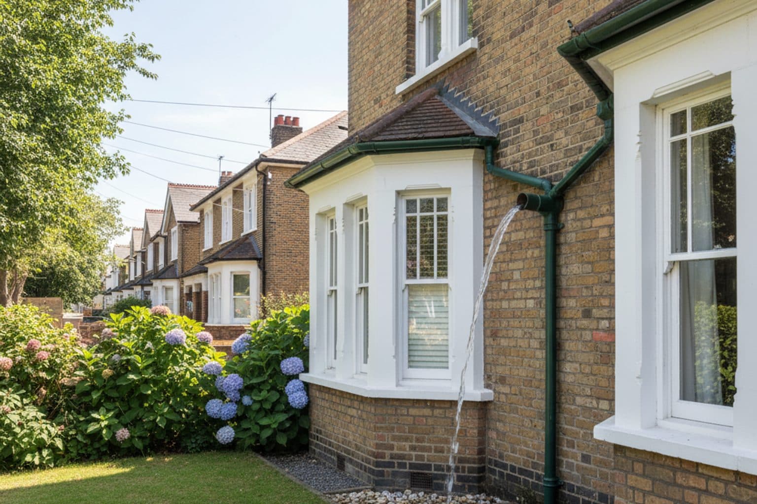 Cleared gutter run on a period home with the downpipe flowing