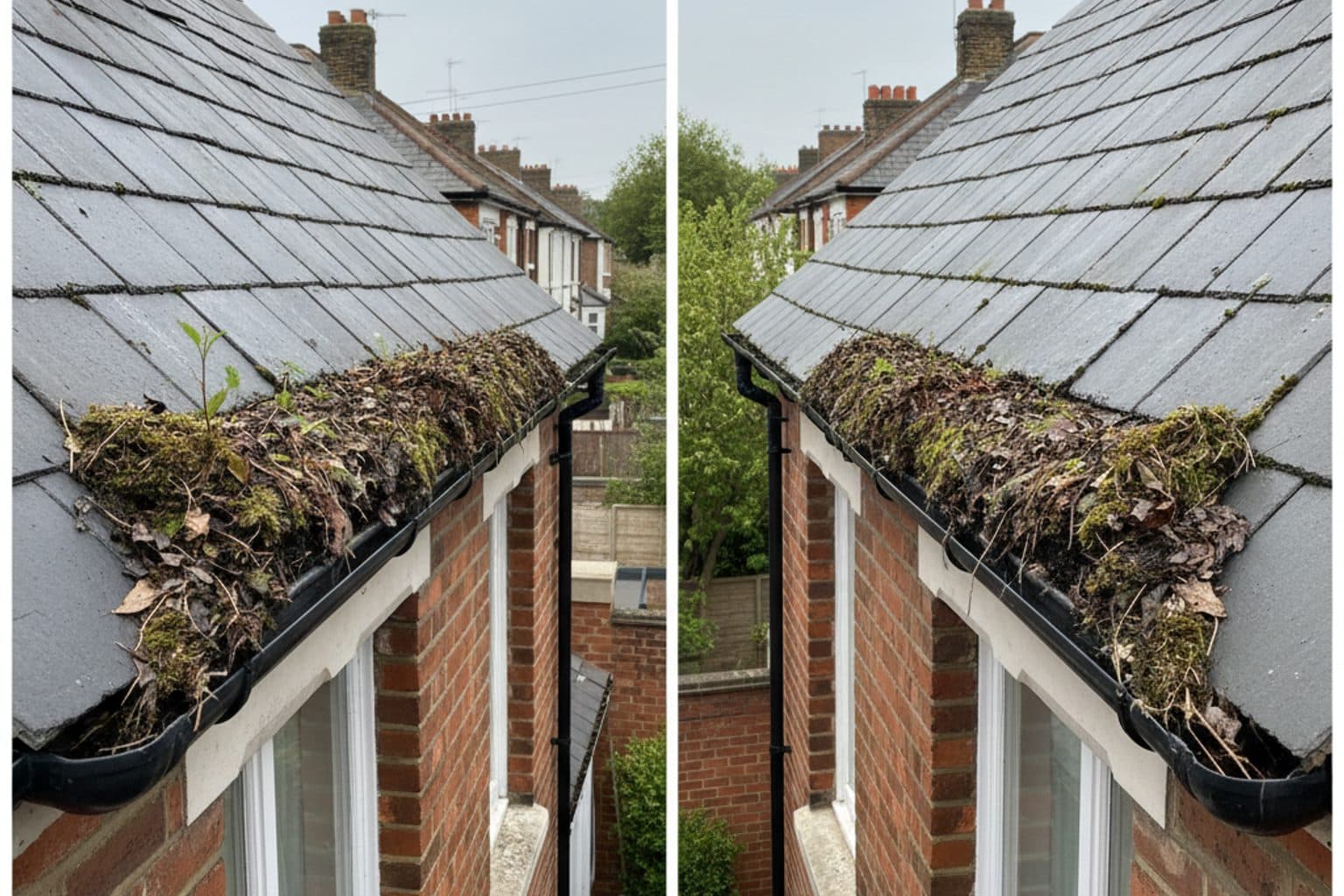 Before-and-after camera photo of a cleaned gutter