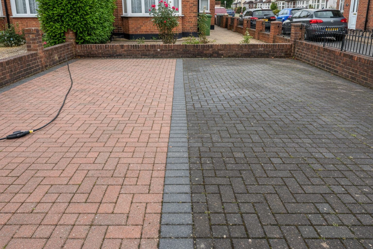 Timber deck half cleaned in South London showing the green lifting