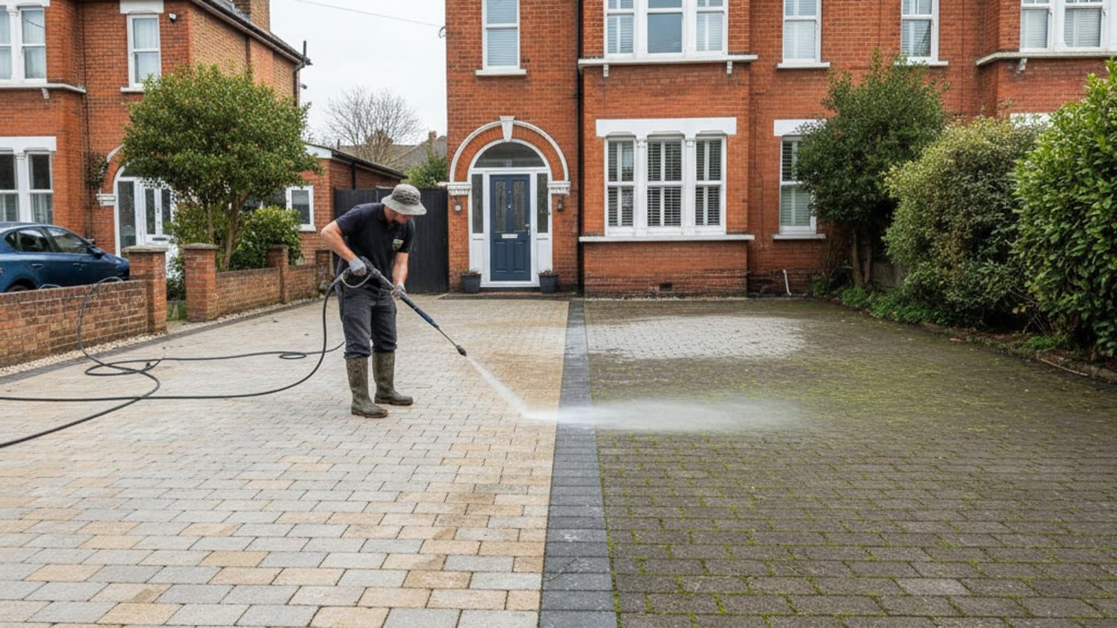 Block-paved driveway half pressure washed showing the difference