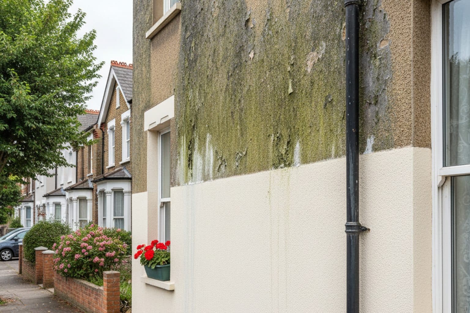 Rendered house wall half soft washed in South London showing the algae lifting