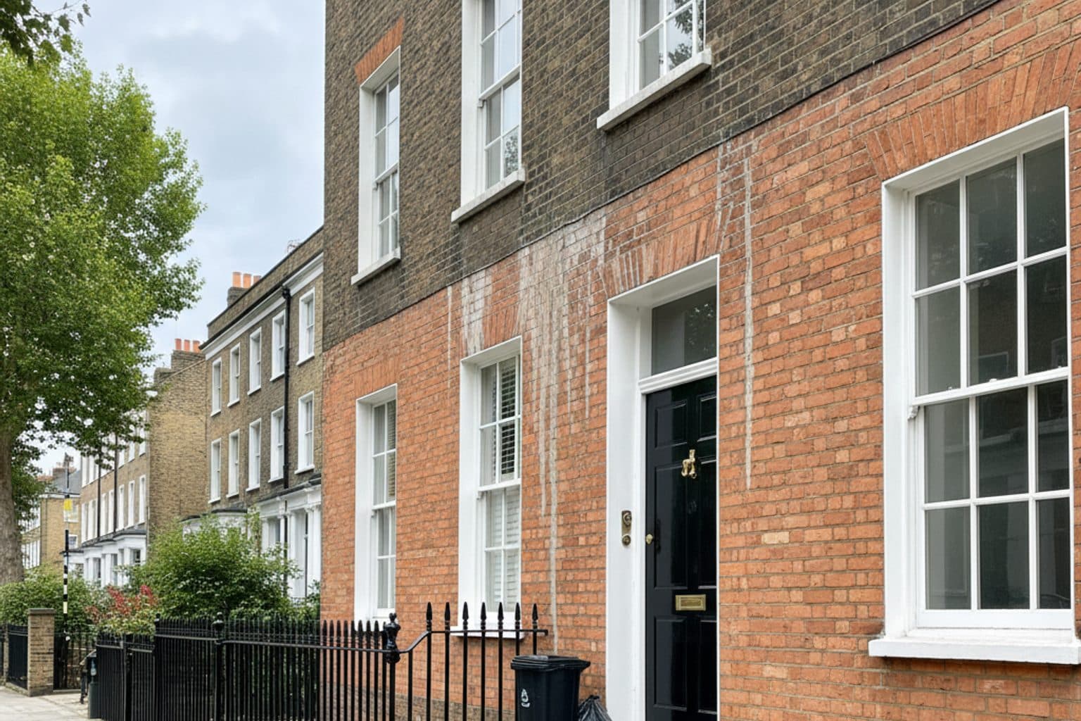 Brick facade cleaned of grime on a London townhouse