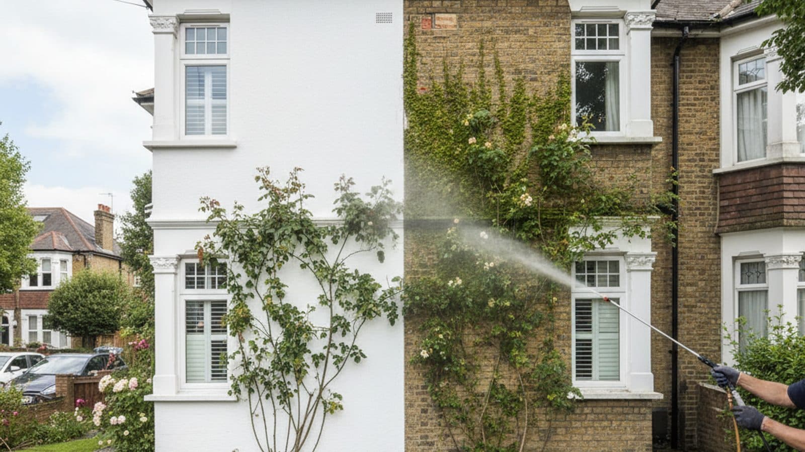 Rendered wall half soft washed showing the algae lifting
