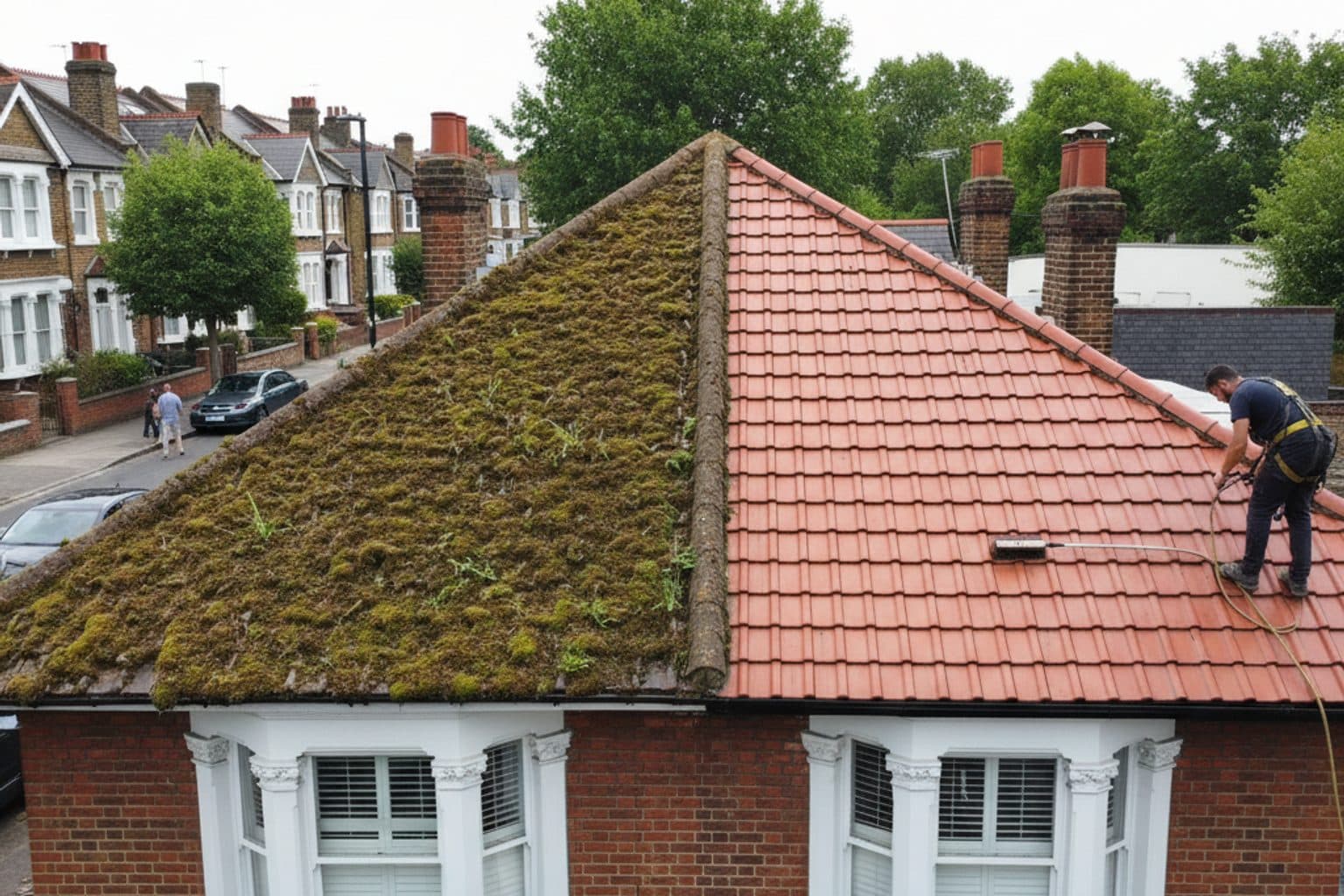 Mossy roof half cleaned on a South London semi showing the difference