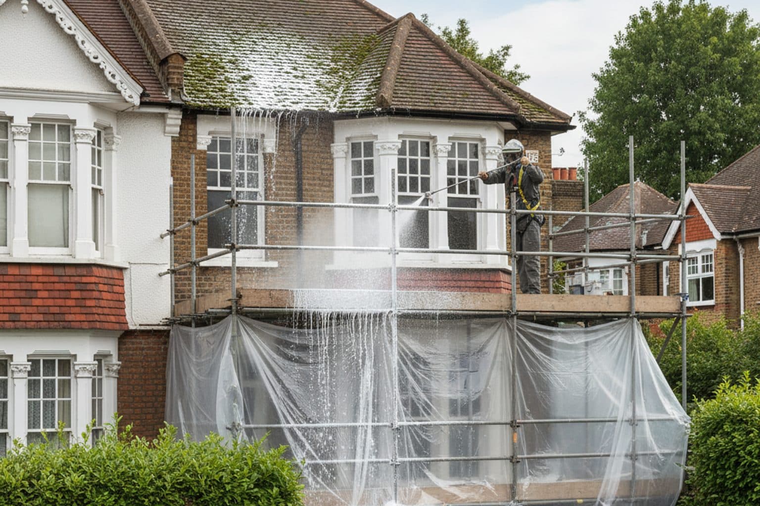 Soft-wash treatment being applied to a tiled roof