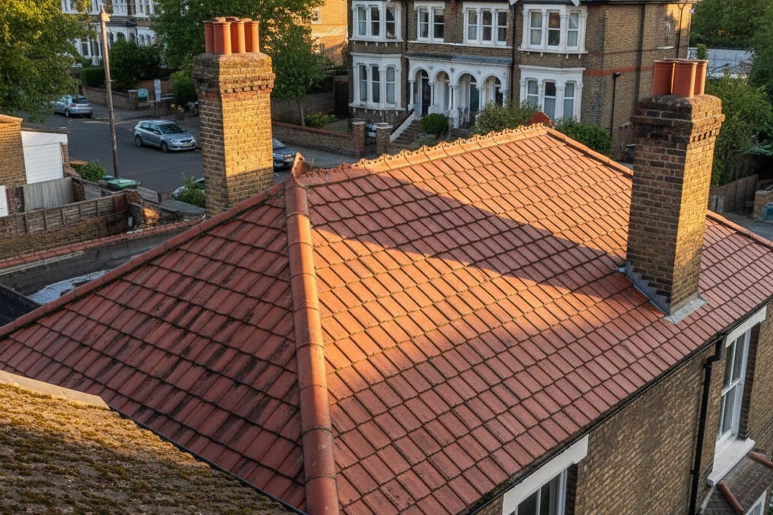 Cleared clay tiles after moss removal on a period home