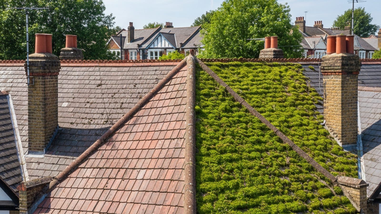 Soft washing a tiled roof to clear moss on a South London home