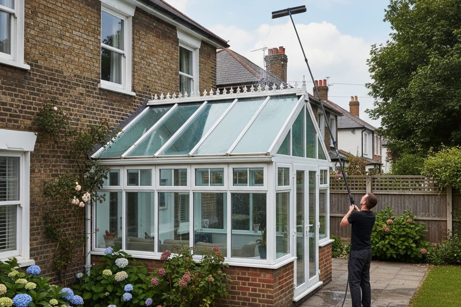 Conservatory glass and roof cleaned from the ground