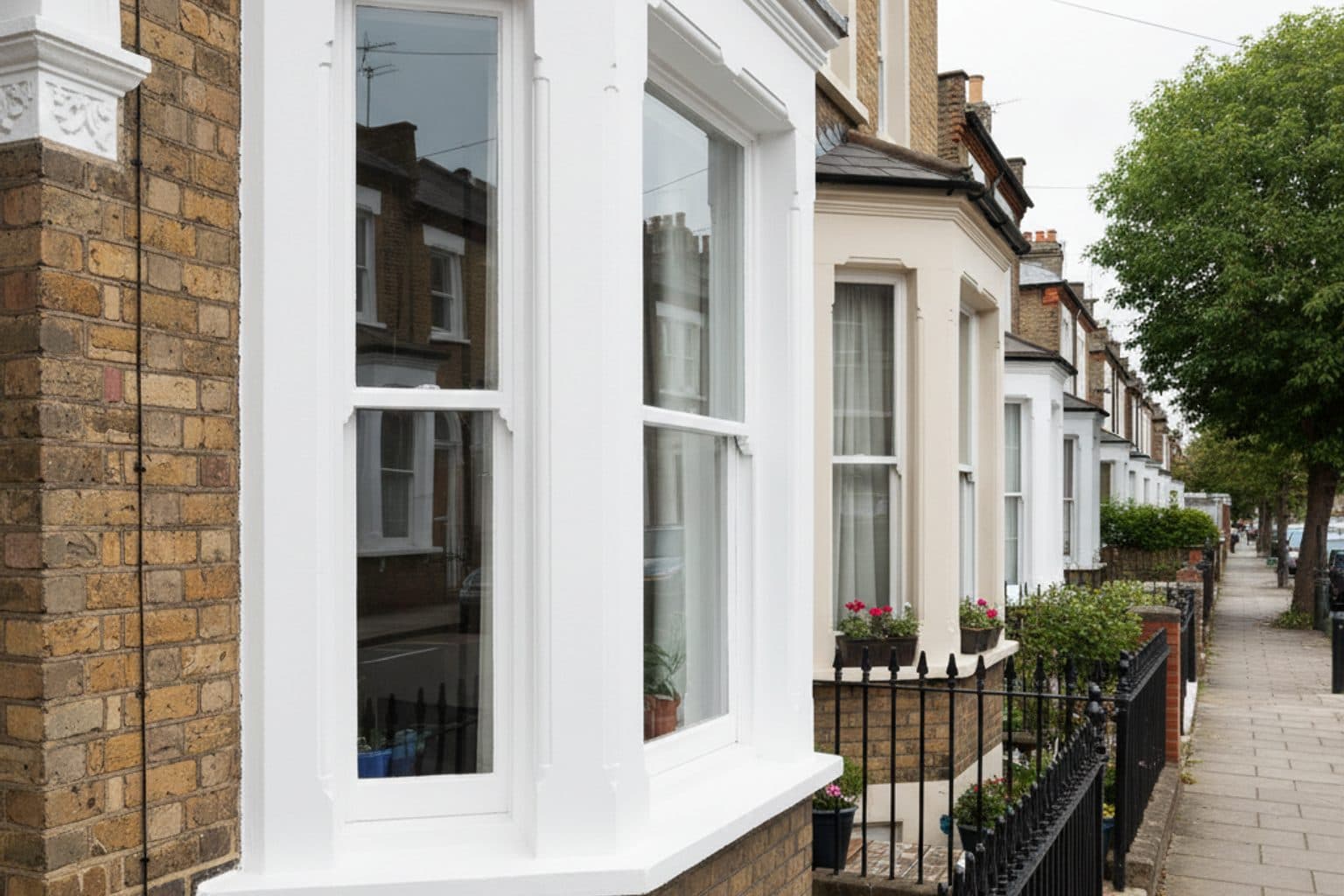 Clean bay window and freshly wiped sills on a London townhouse